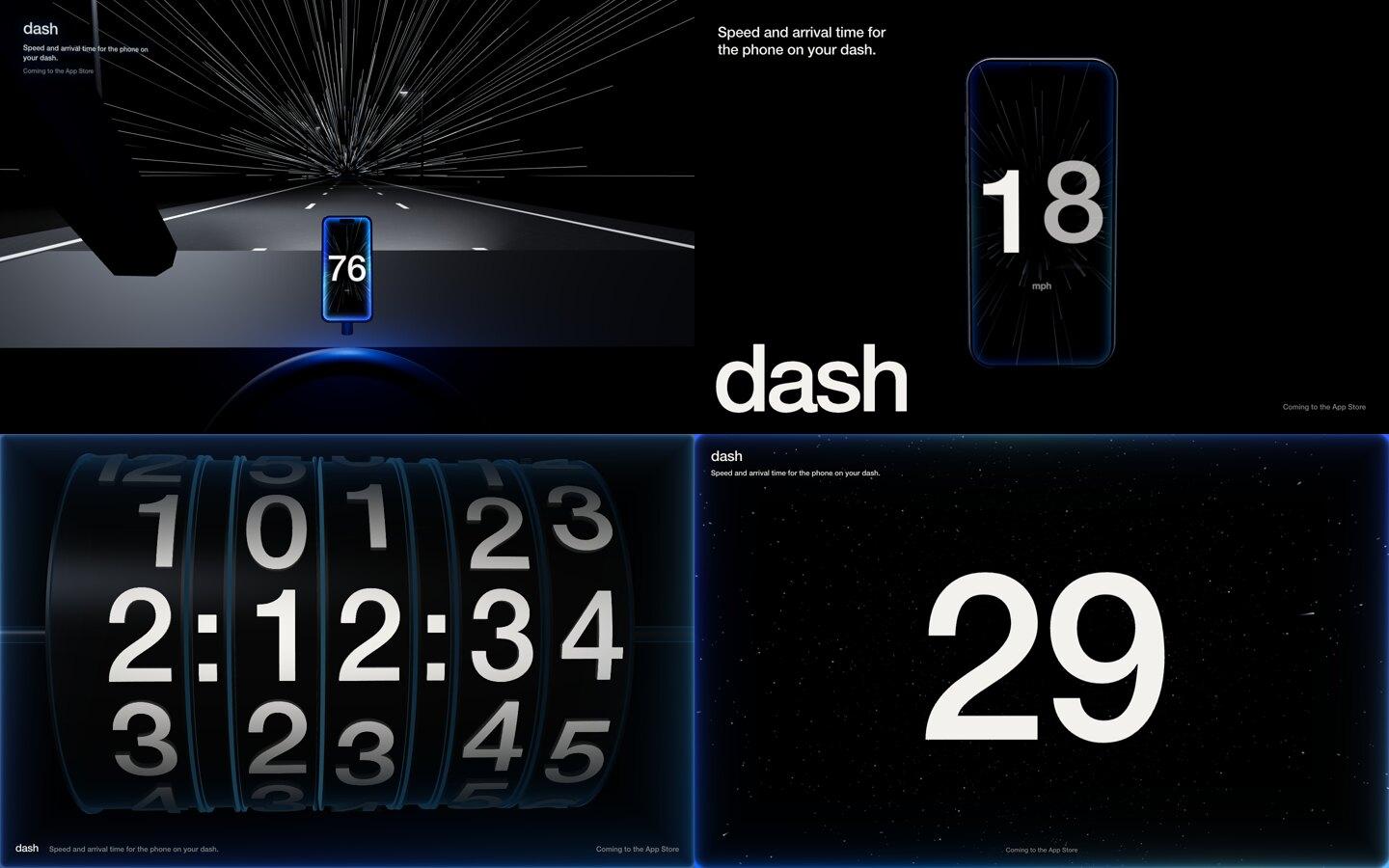 The four landing directions: the night highway, the phone running the app, the odometer drums, and the starfield