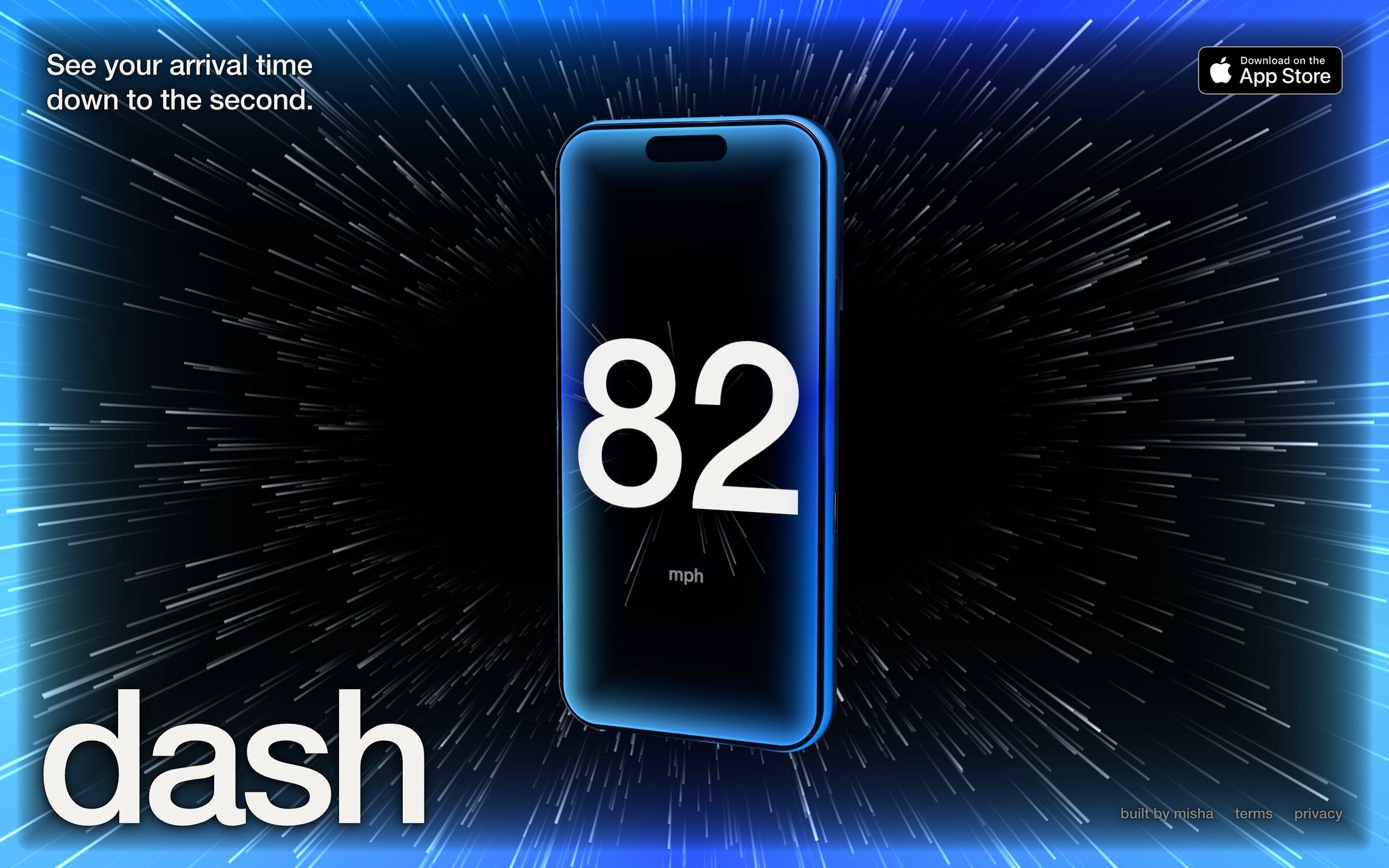 usedash.app: the phone floating in the warp at 82 mph, with the blue glow around the page