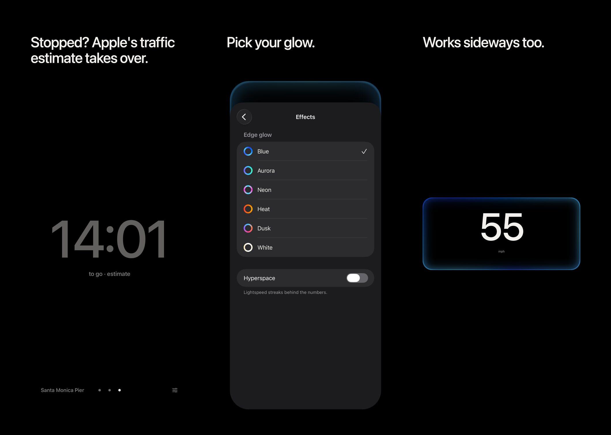 Stopped with Apple's estimate dimmed, the effects screen with six edge glows and hyperspace, and the speed page sideways