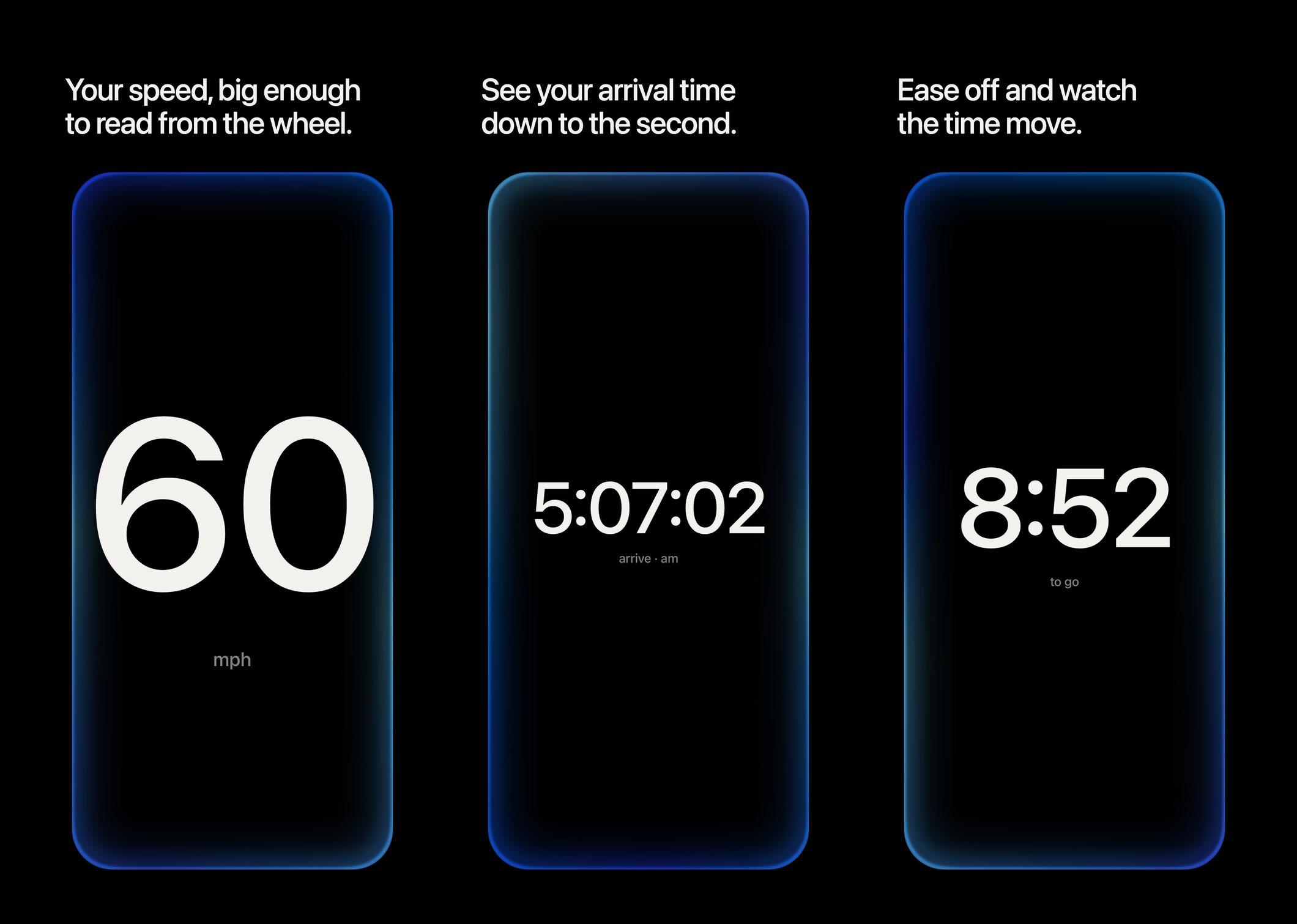 The three pages from the App Store set: speed at 60 mph, arrival at 5:07:03, and 8:52 to go