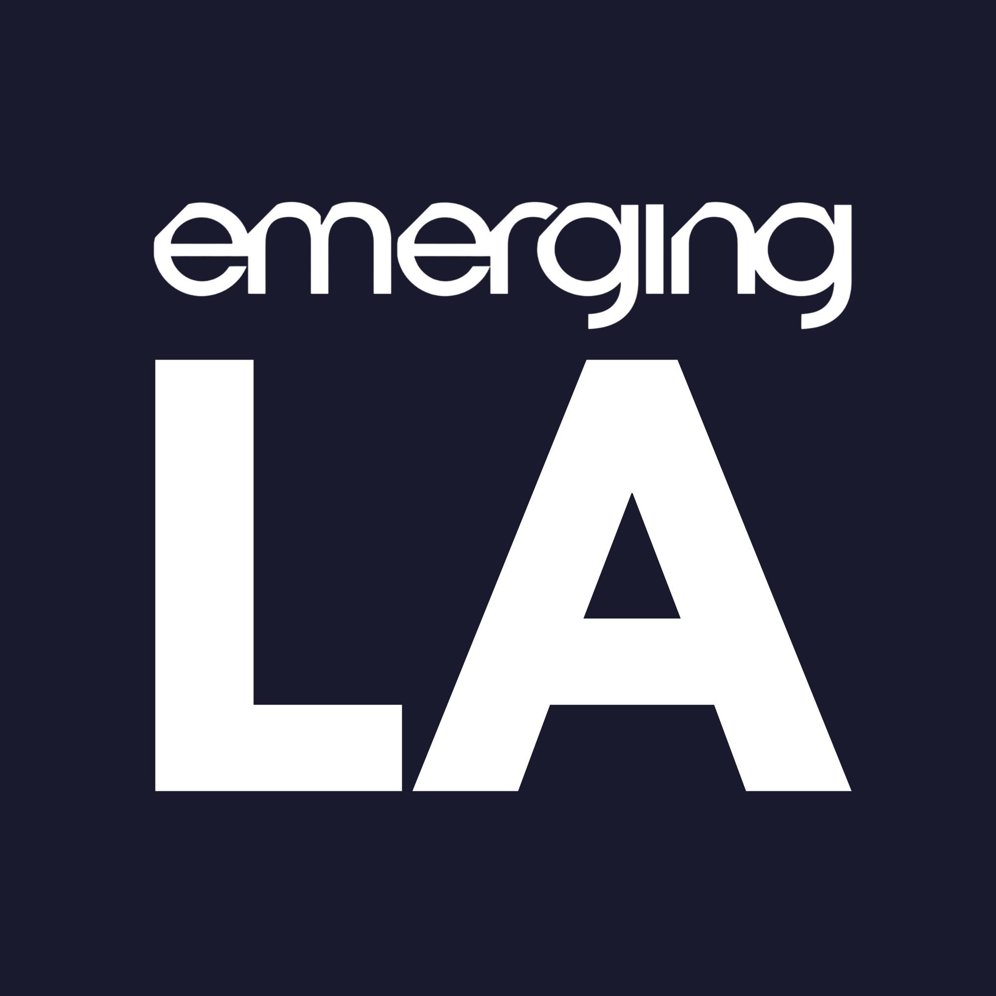 emerging LA brand mark: white wordmark over a large LA on navy