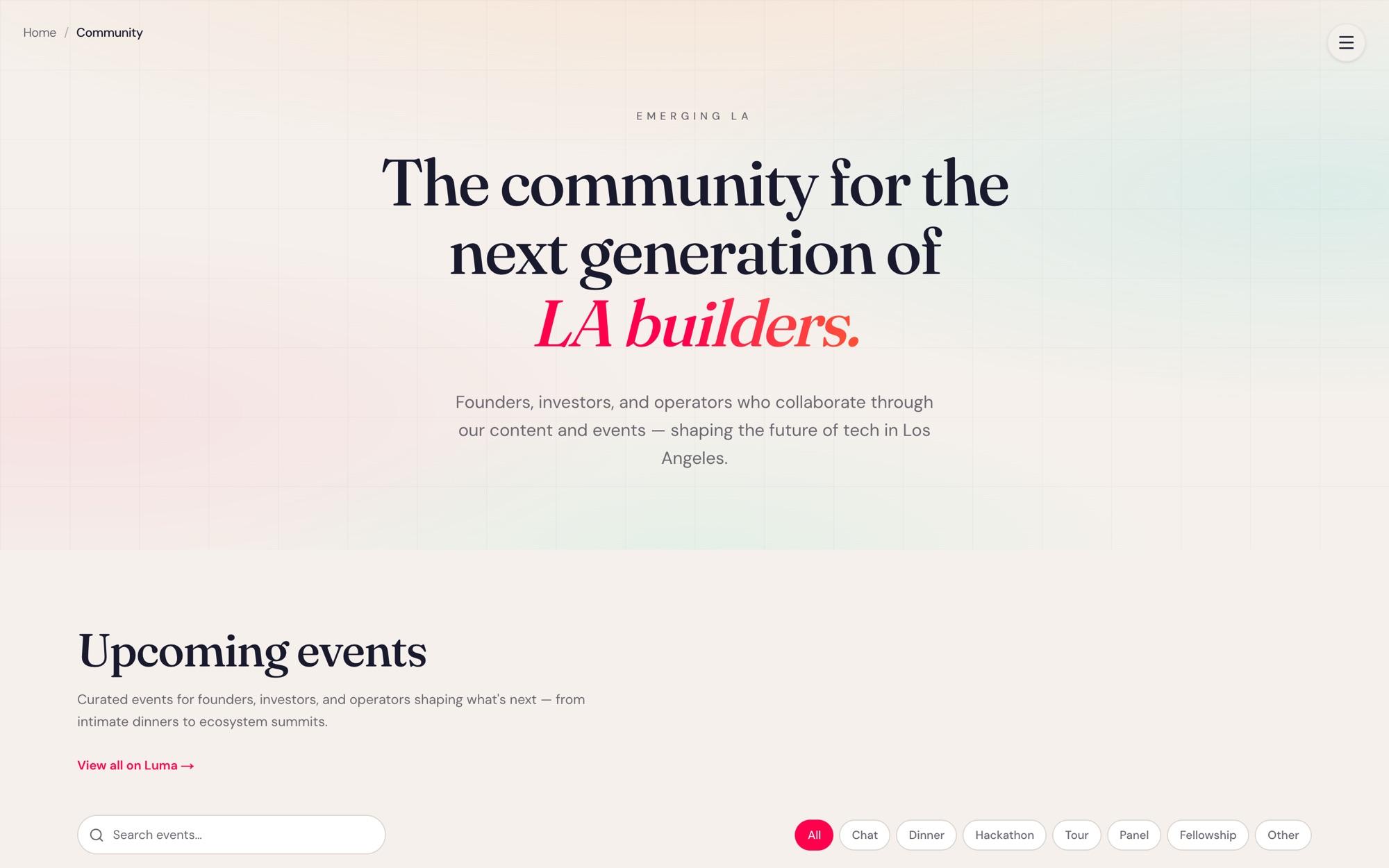 Community page: The community for the next generation of LA builders, with event search and filters