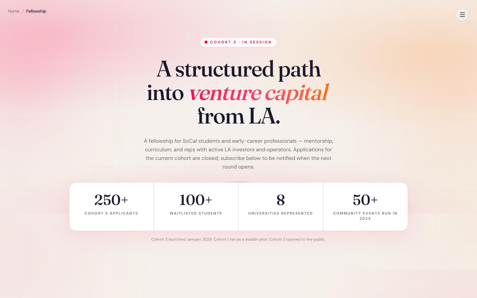 Fellowship page: A structured path into venture capital from LA, with four cohort stats