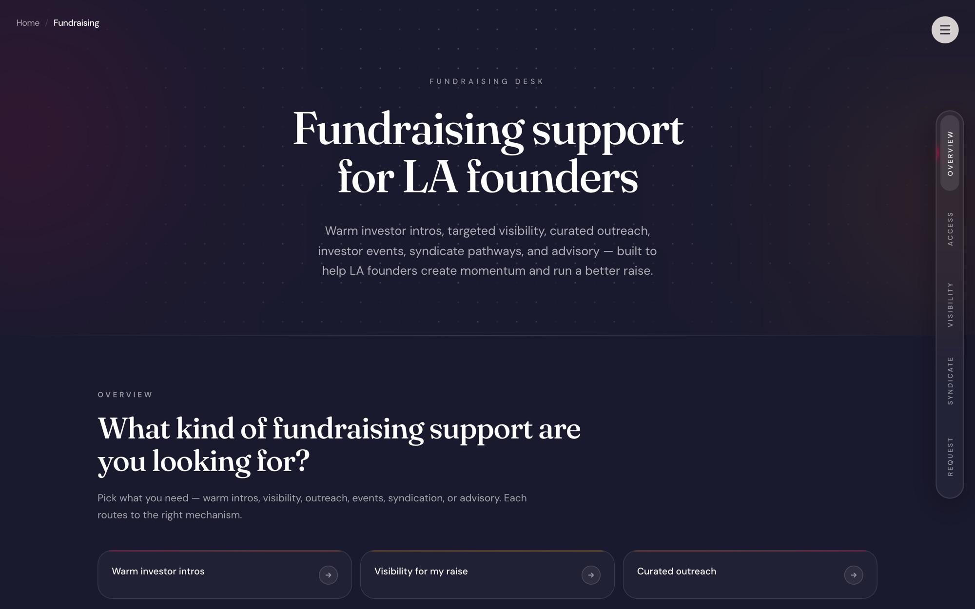 Fundraising desk in the dark theme: hero, support picker and a vertical section rail