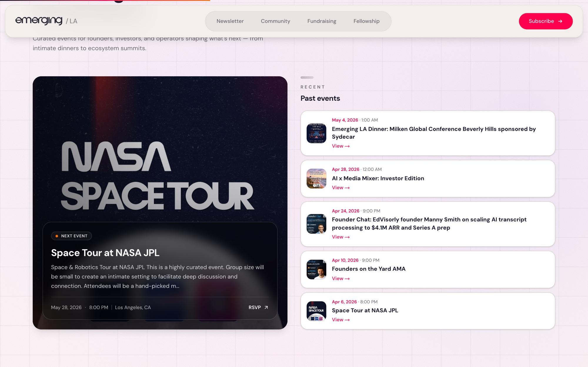 Home events block: NASA JPL space tour card beside a list of past events
