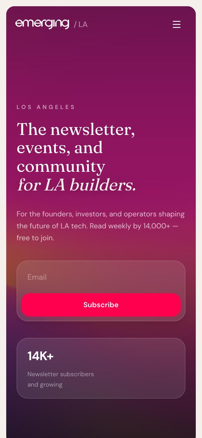 Mobile home: magenta hero card with the headline, email signup and a 14K+ subscribers stat