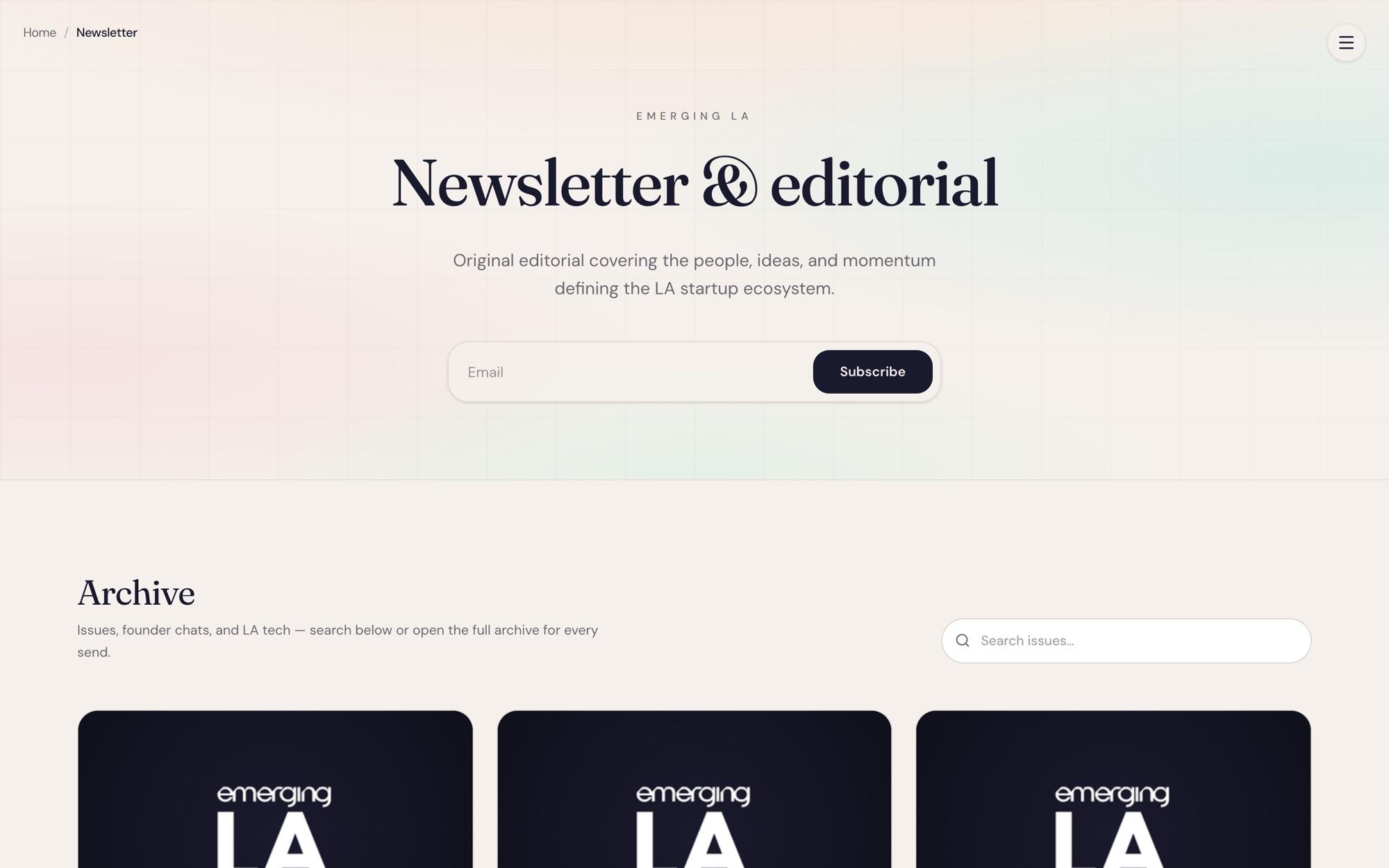 Newsletter page: Newsletter and editorial hero with email field, archive and issue search below