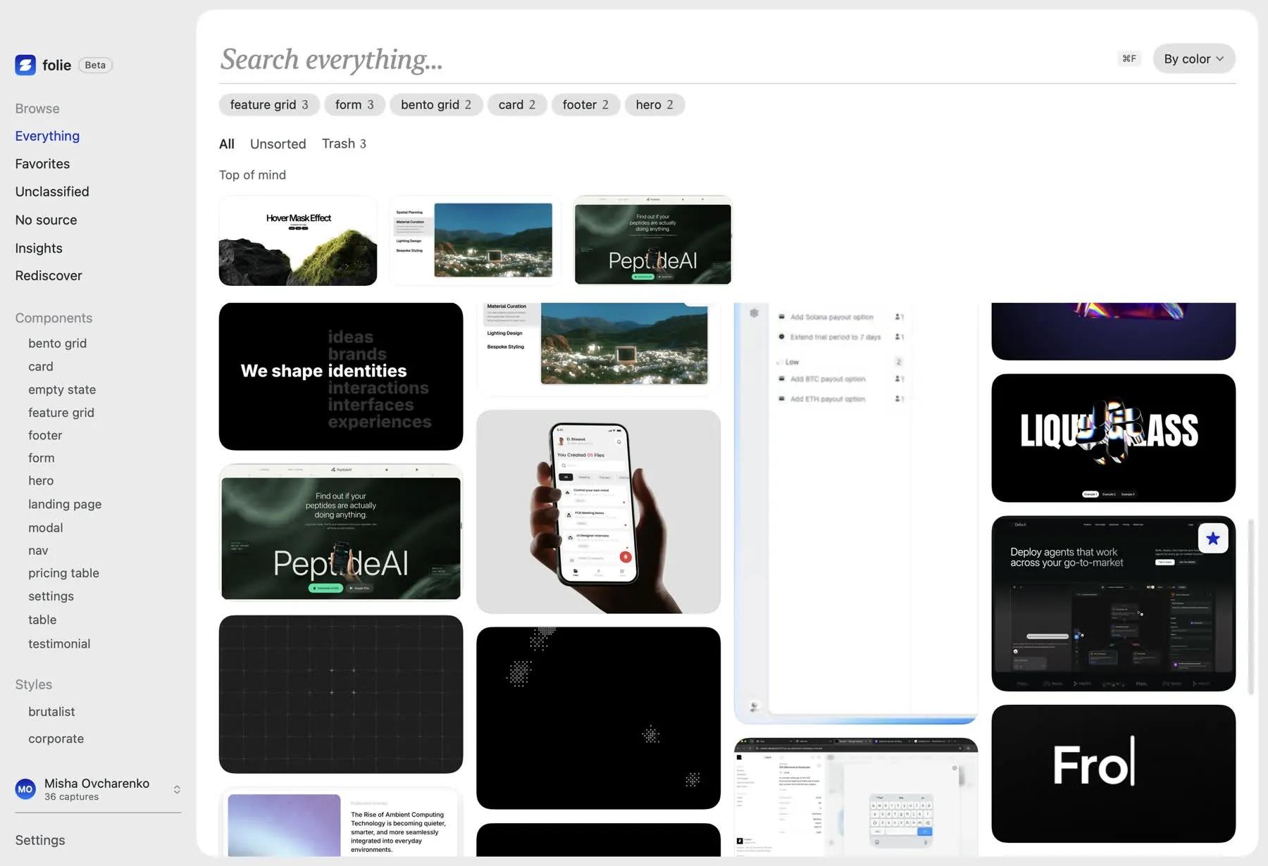 folie library: search everything, component tags, a masonry of captures