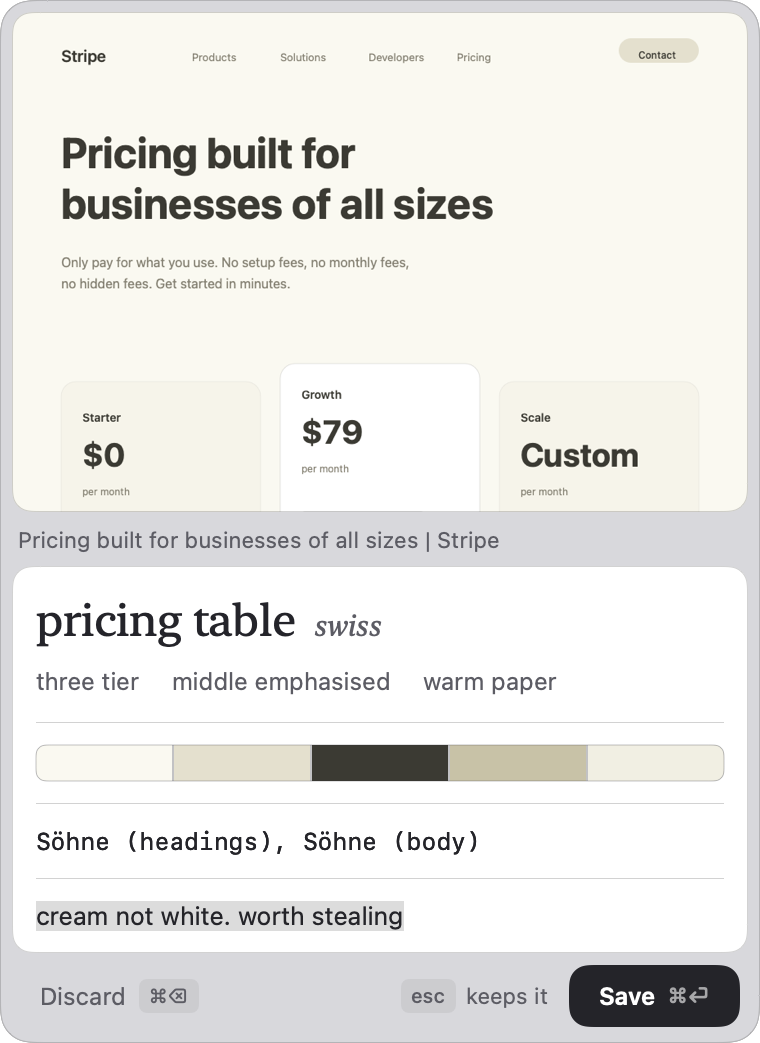 Capture card: a grabbed pricing page with its tags, colour swatches, fonts and a note, then save or discard