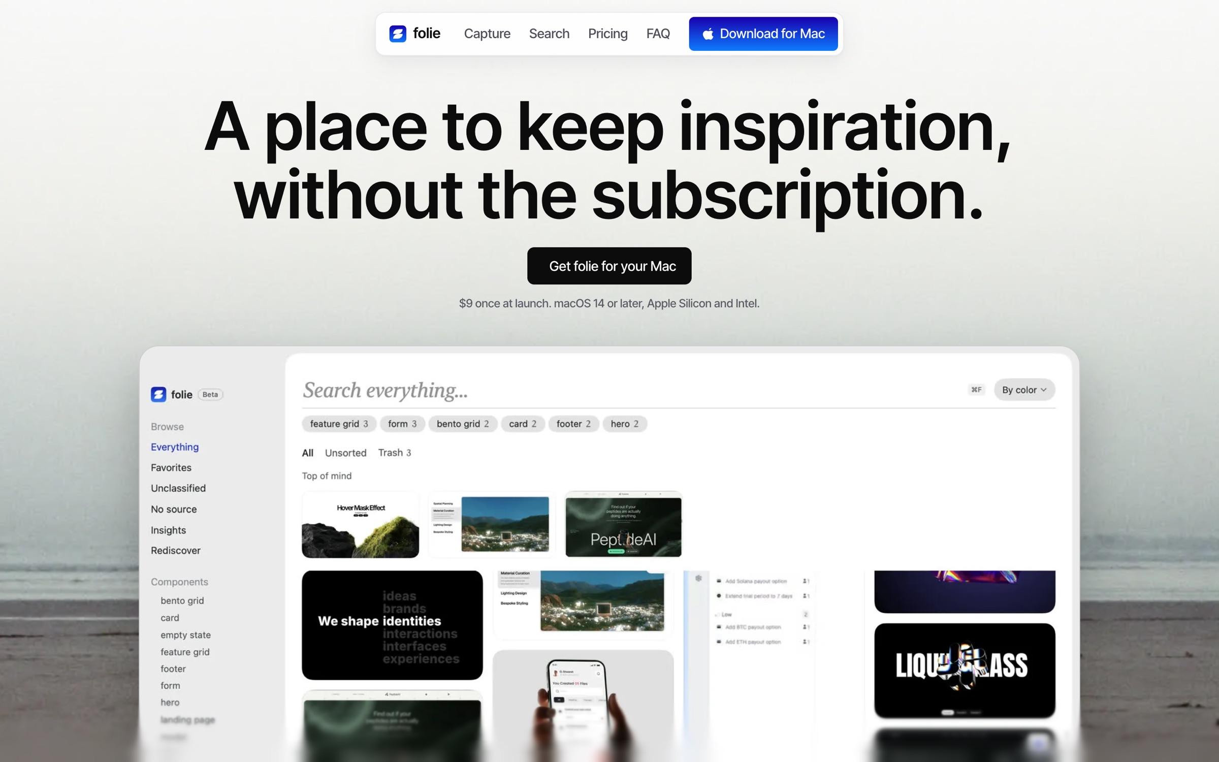folie landing page: A place to keep inspiration, without the subscription, over the app's library