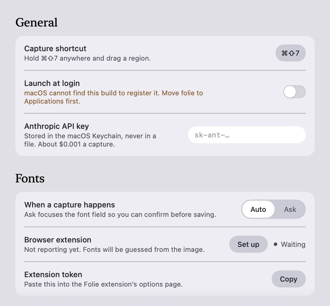 Settings: capture shortcut, launch at login, API key field and the browser extension for fonts