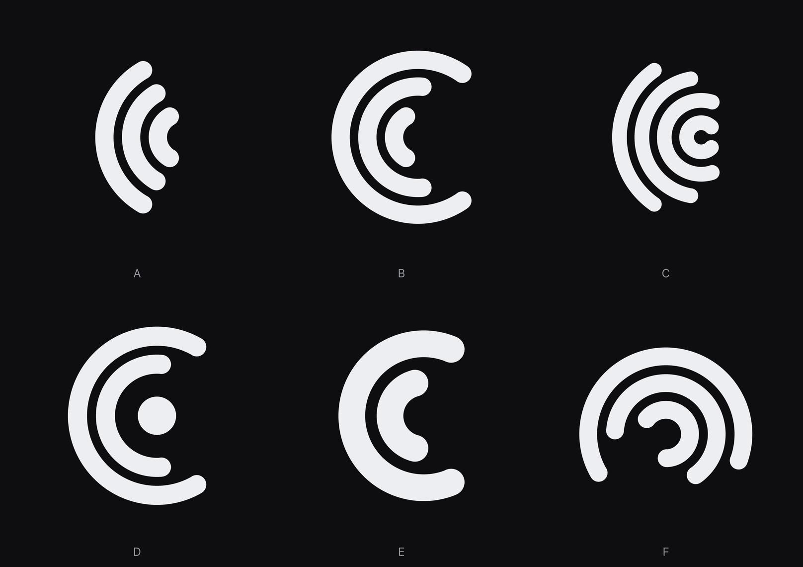 Logo round of nested arcs, six signal style variations A to F