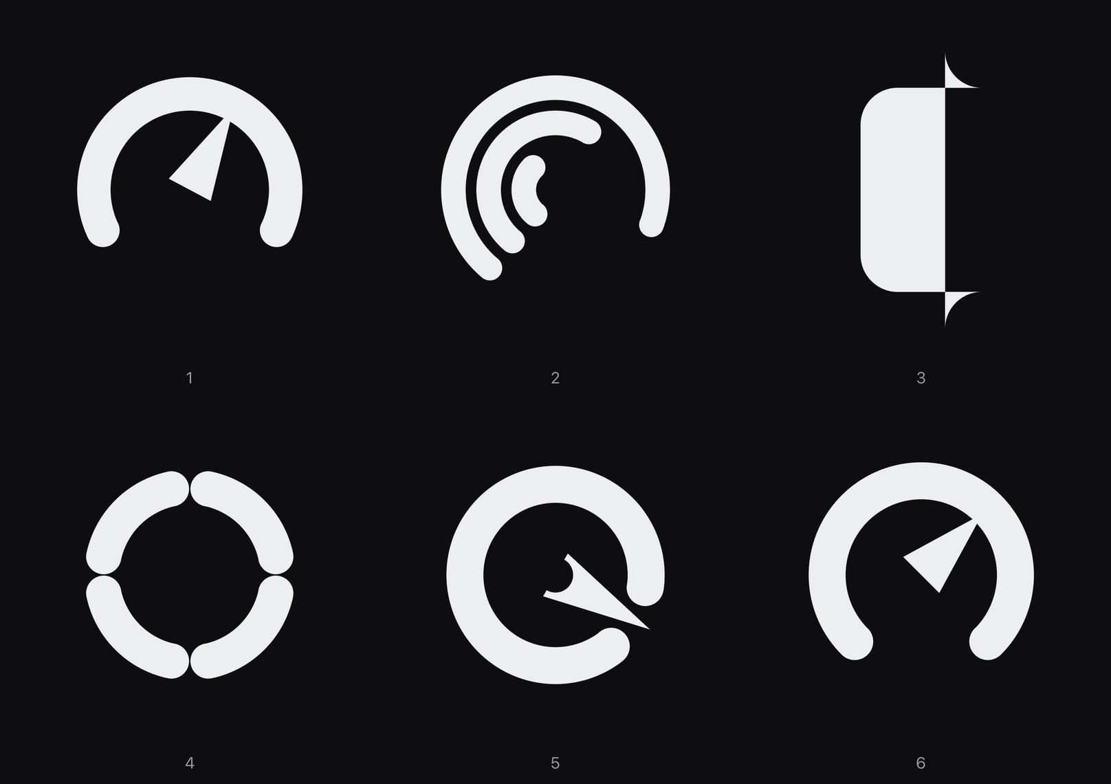 First logo round: six marks, speedometer needles, nested arcs, a notch shape and a segmented ring