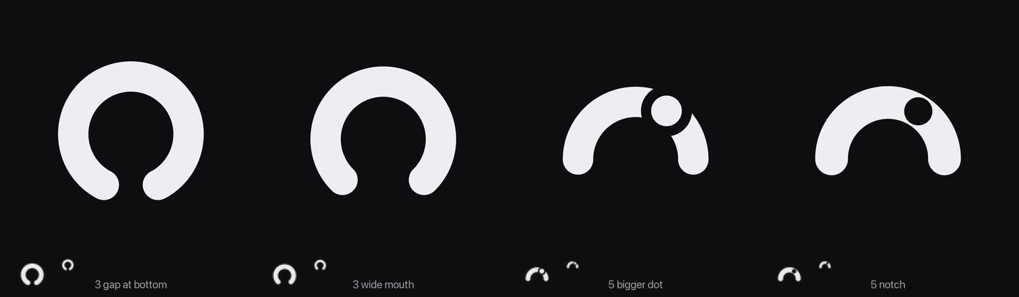 The shortlist: open ring with the gap at the bottom, a wider mouth, and two arcs with a dot