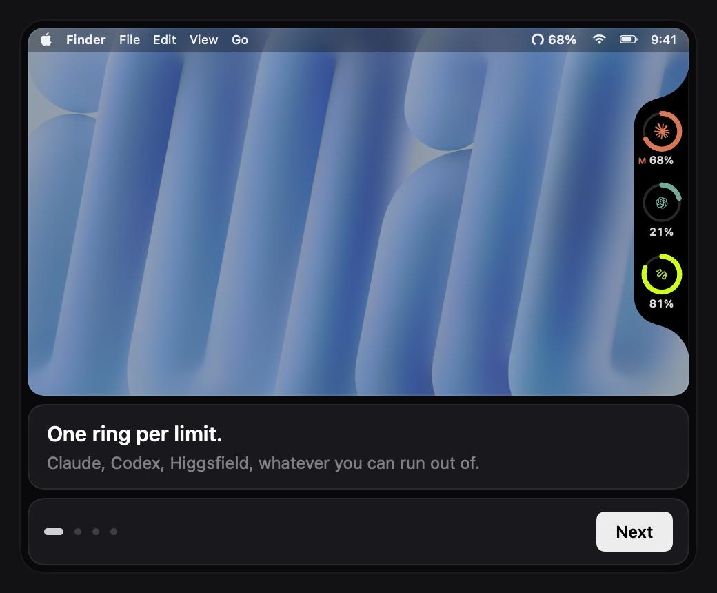 Gauge onboarding, page 1: the ring strip on the screen edge, one ring per limit