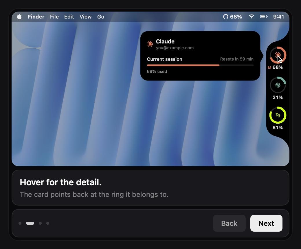 Gauge onboarding, page 2: hovering a ring opens its detail card