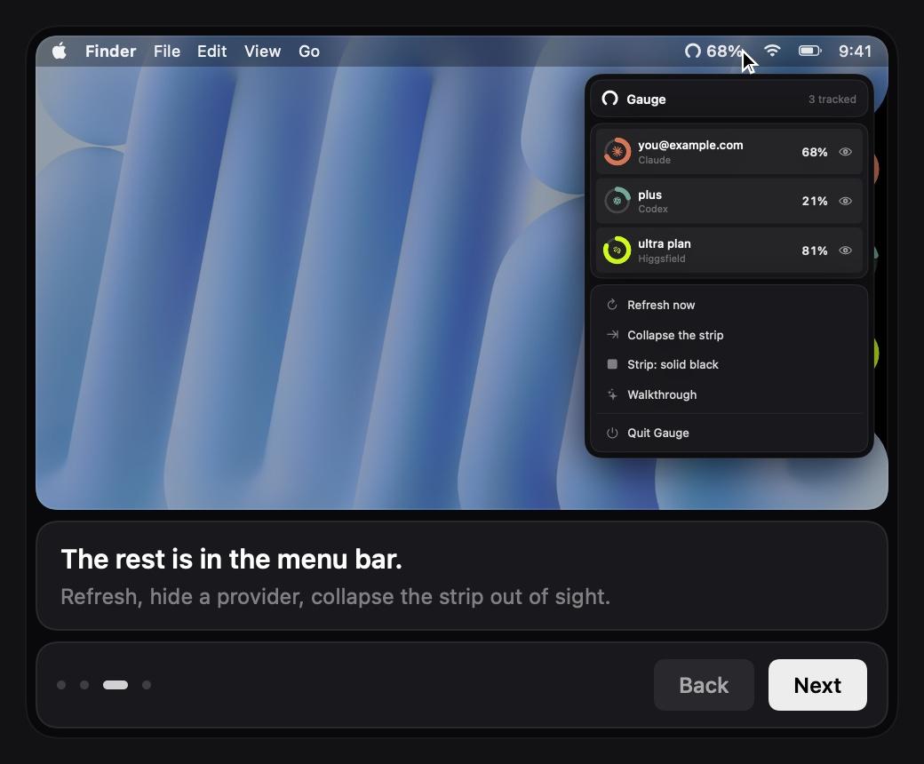 Gauge onboarding, page 3: the menu bar panel with three tracked providers