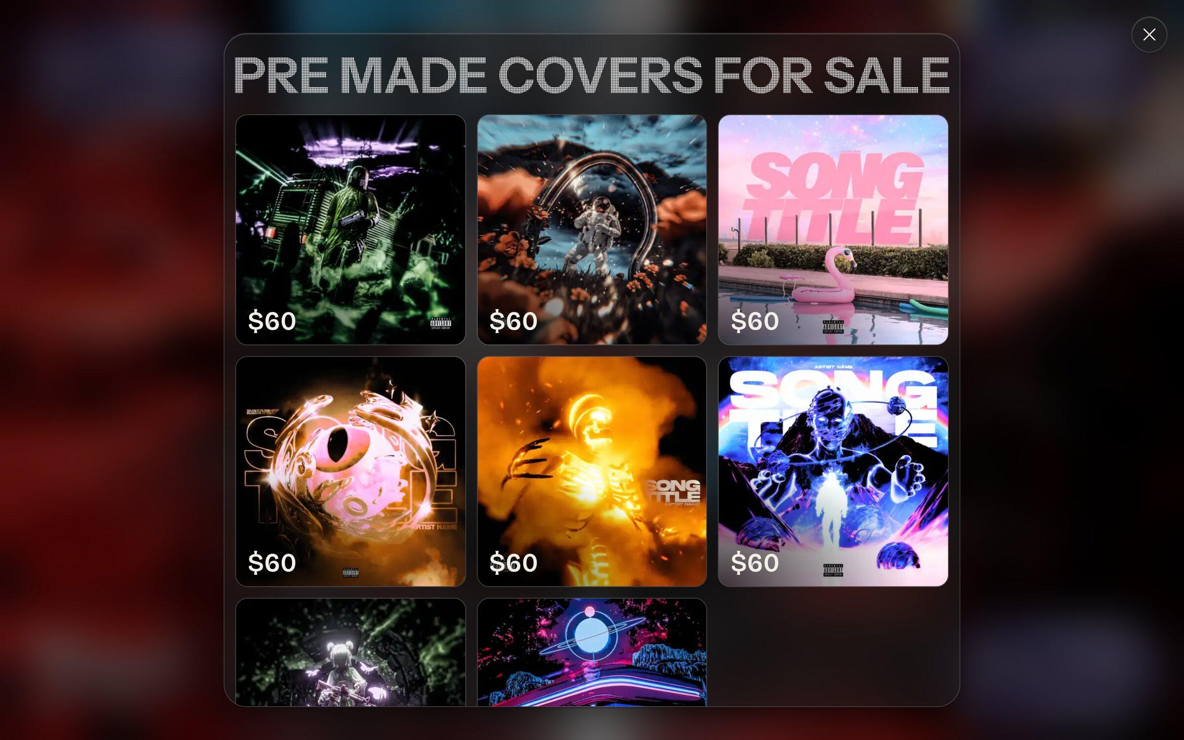 The gallery open: his premade covers for sale, the price on each one