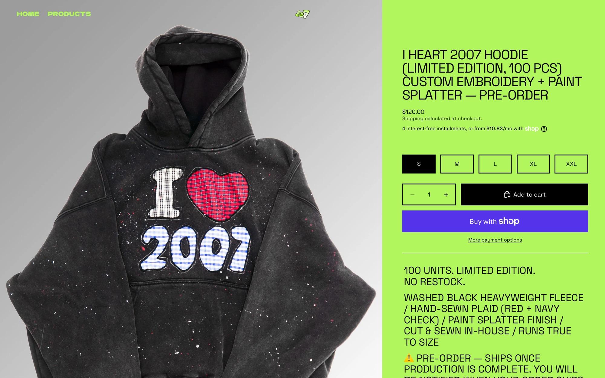 I HEART 2007 hoodie product page: flat photo left, acid green buy panel with sizes right