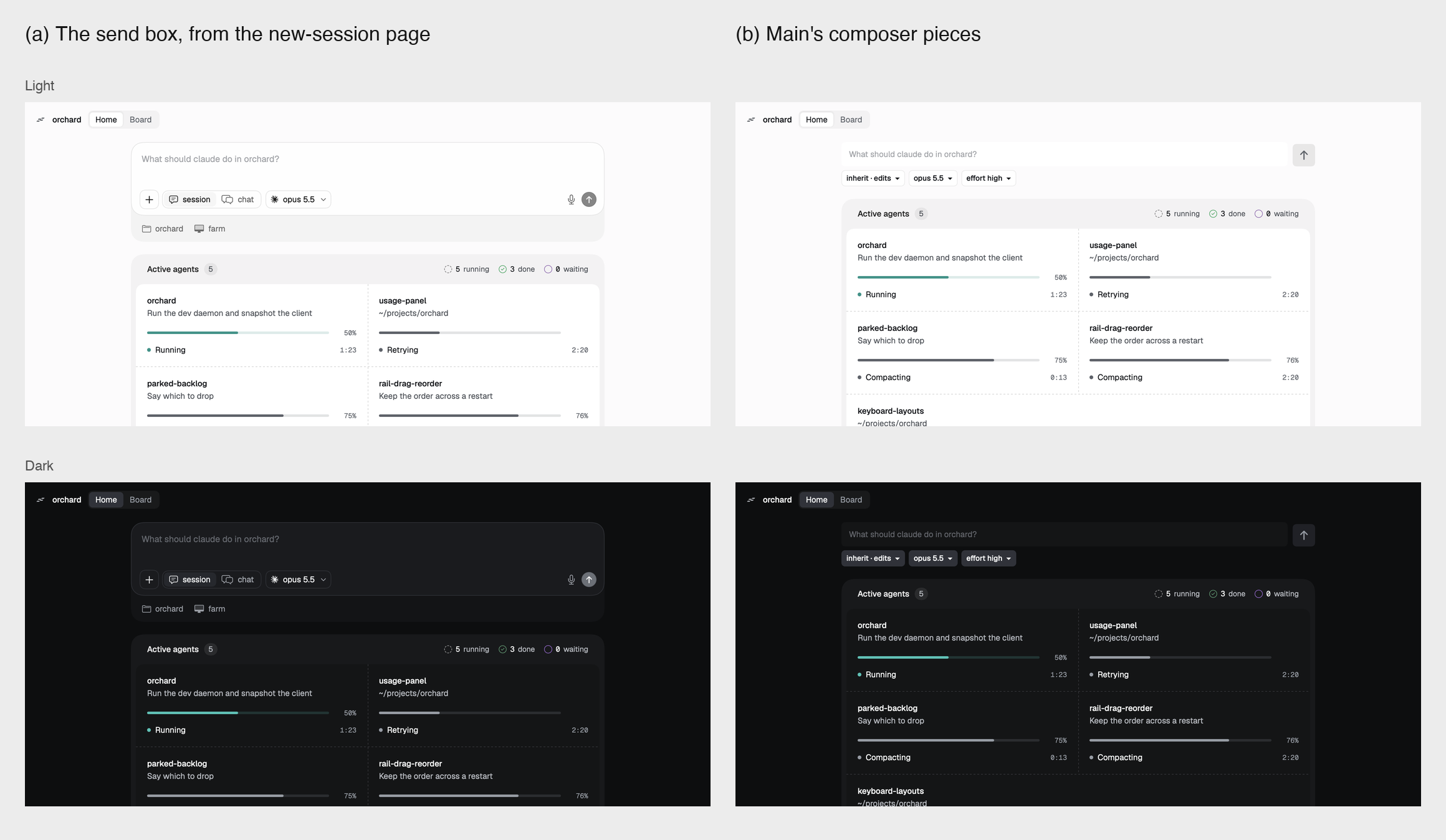 Orchard's Home: the send box above the Active agents grid, light and dark