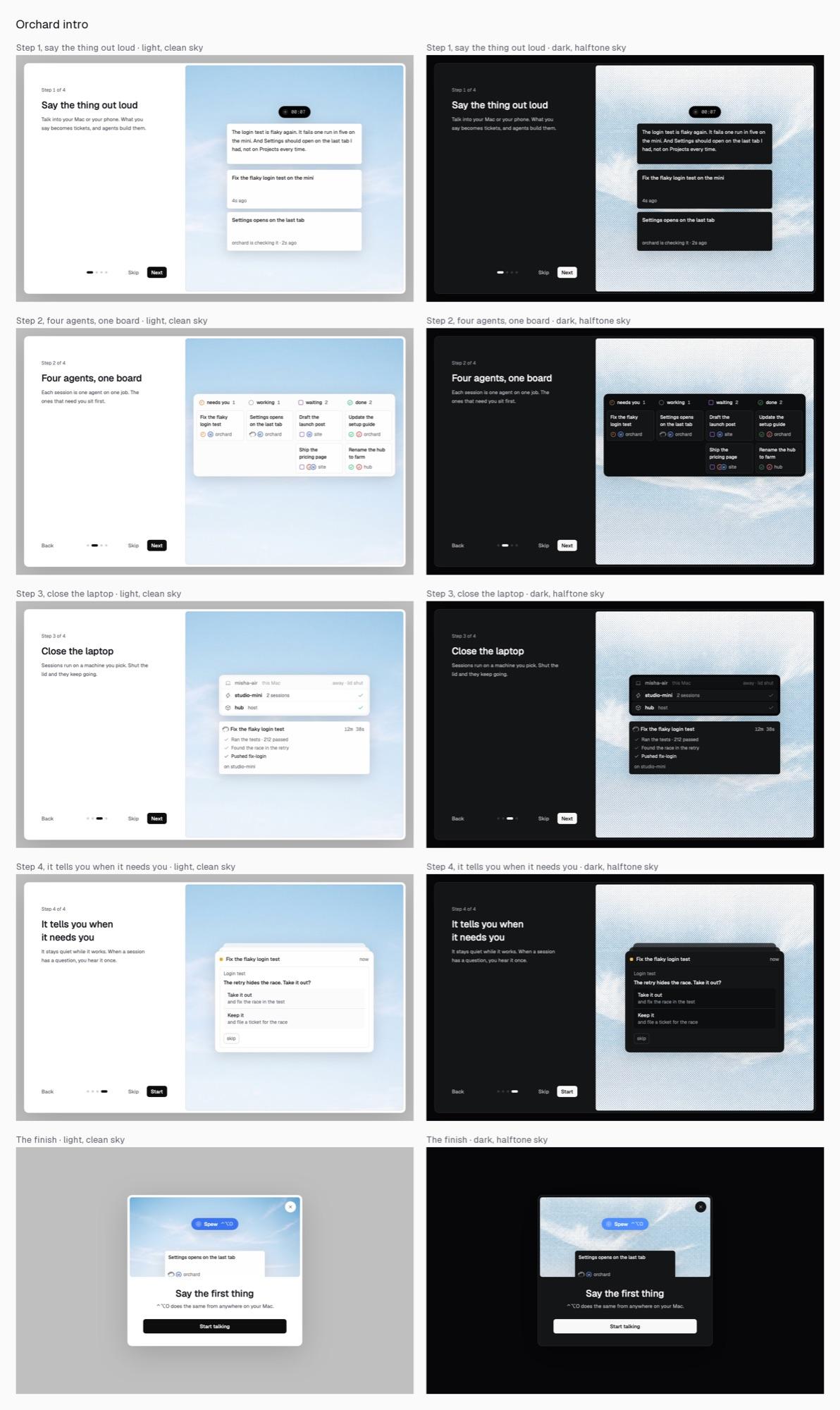 Orchard intro review sheet: four onboarding steps and the finish card, light with clean sky beside dark with halftone sky