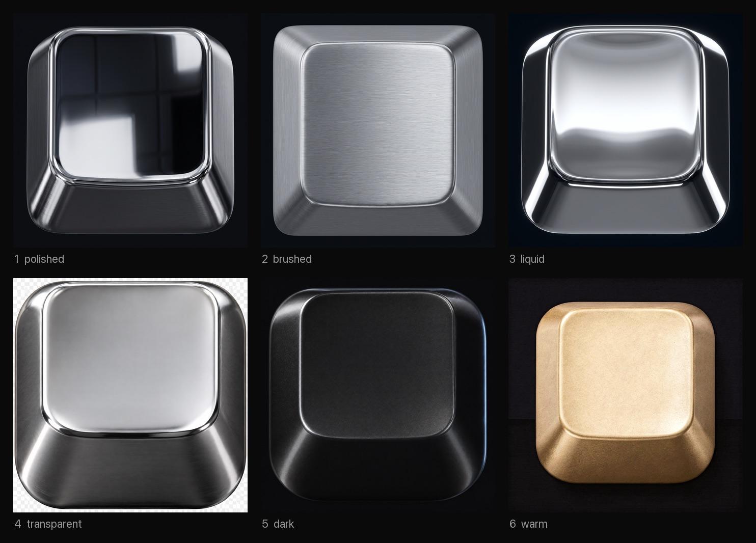 Icon finishes tried on a bare keycap: polished, brushed, liquid, transparent, dark and warm