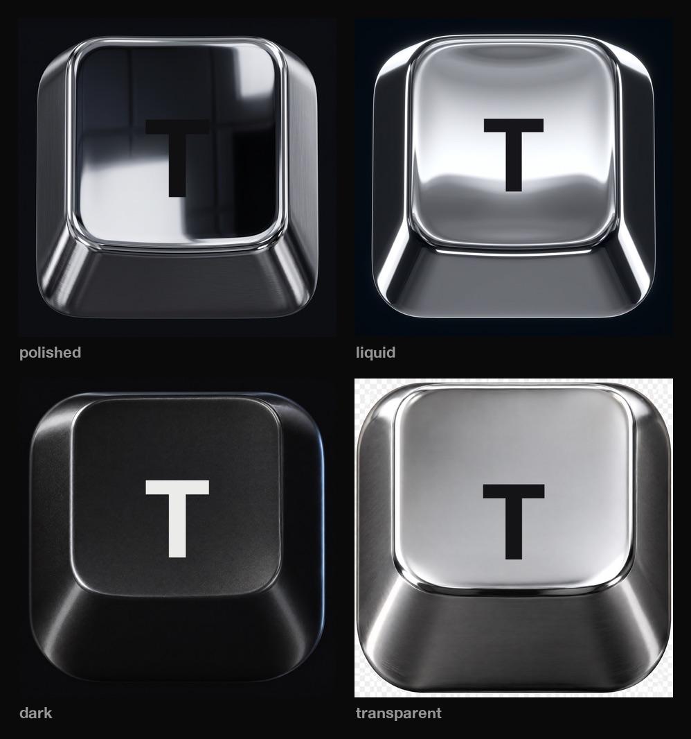 Keycap icon with a T in four finishes: polished, liquid, dark and transparent