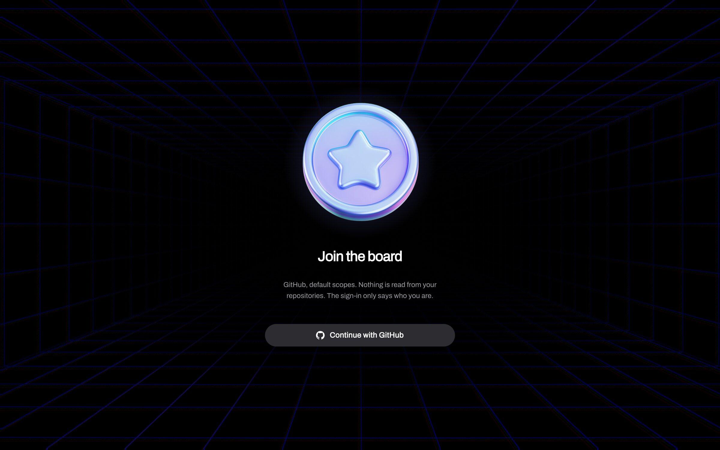 The tokenmax sign-in: the coin in a blue grid tunnel, Join the board, Continue with GitHub