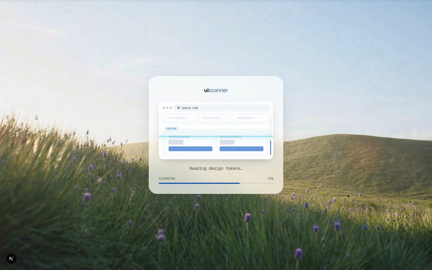 The scan in progress: Reading design tokens at 72 percent, over a hillside photo