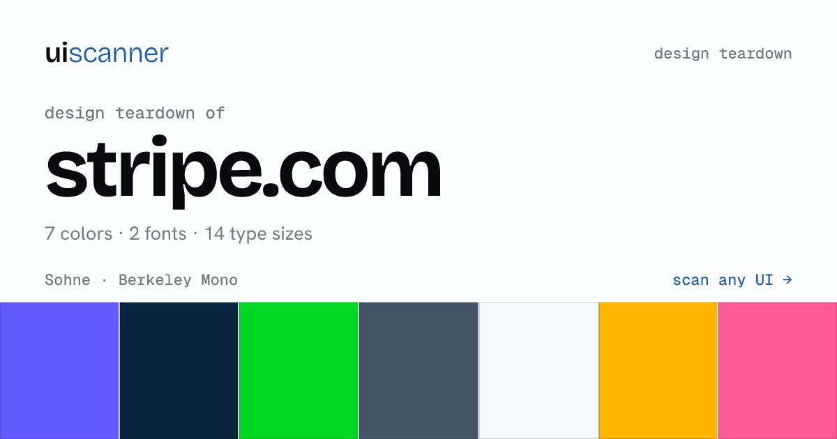 Share card preview: a design teardown of stripe.com, 7 colors, 2 fonts, 14 type sizes