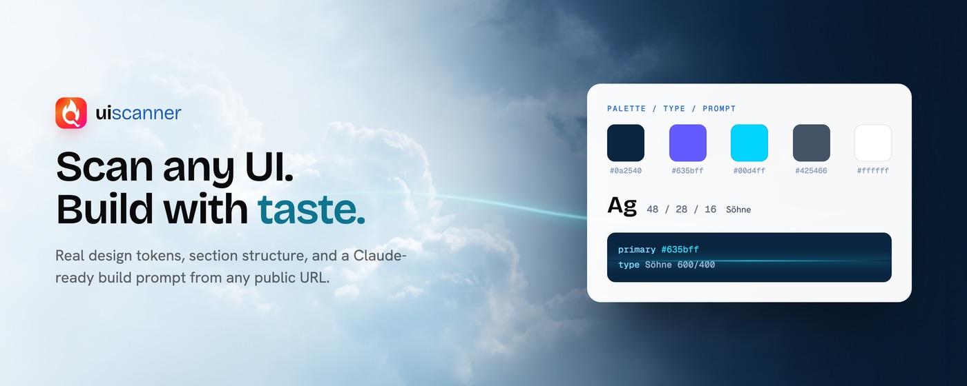 Chrome Web Store marquee: Scan any UI. Build with taste, with a palette and type card