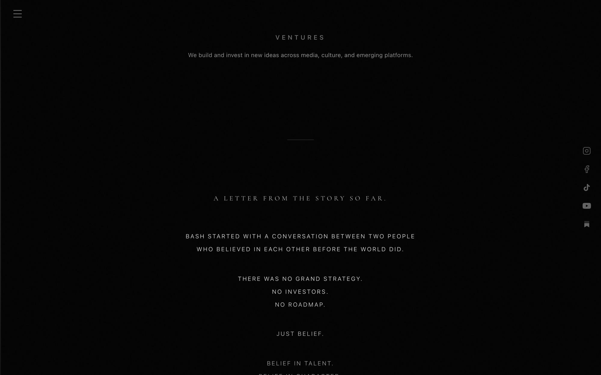 Live homepage, the letter: A letter from the story so far, set in spaced capitals on black