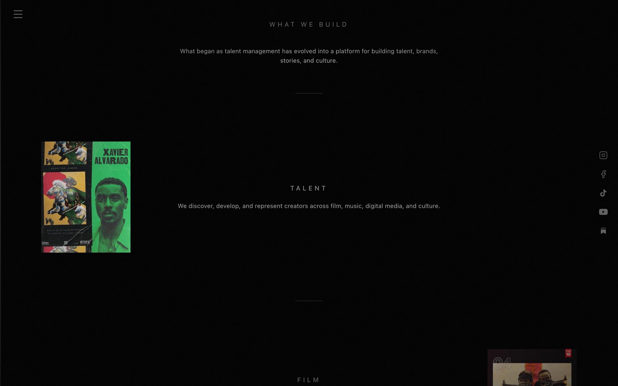 Live homepage, What we build: the Talent pillar with a poster floating beside it on black
