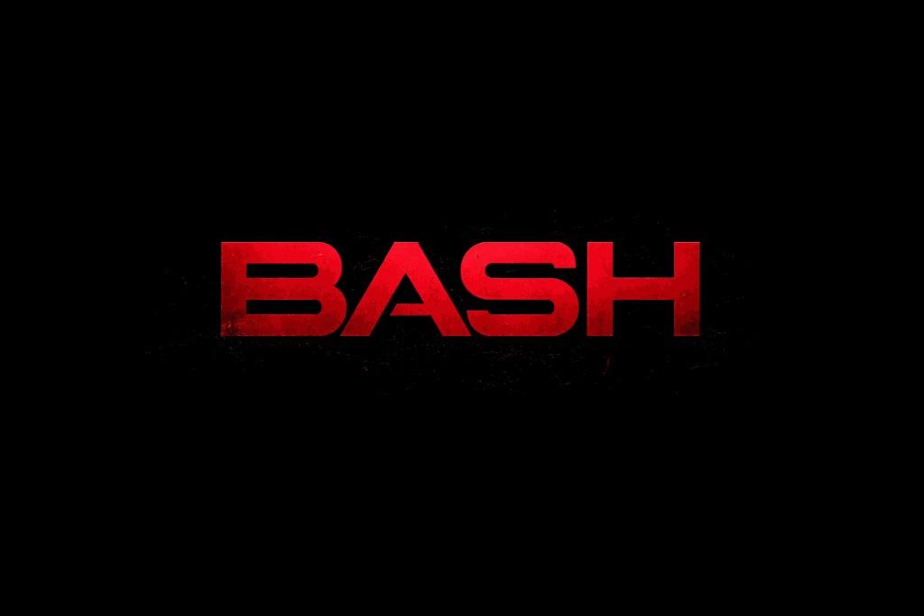 BASH logo, red distressed letters on black