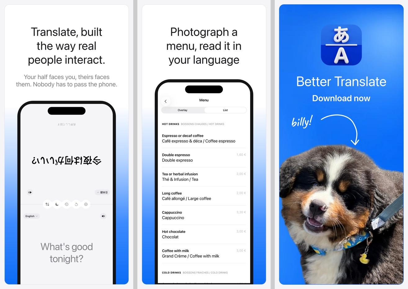The final App Store set: conversation, menu photo and the download frame with Billy the dog