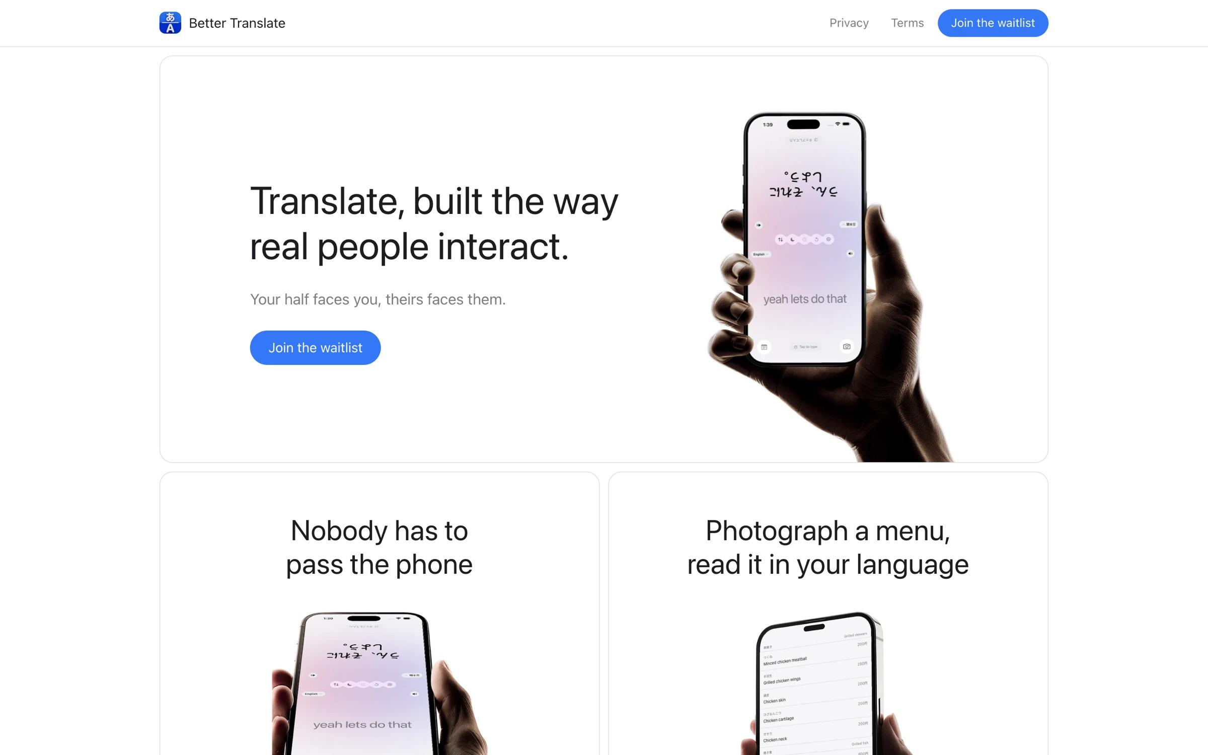 Better Translate landing page hero: Translate, built the way real people interact