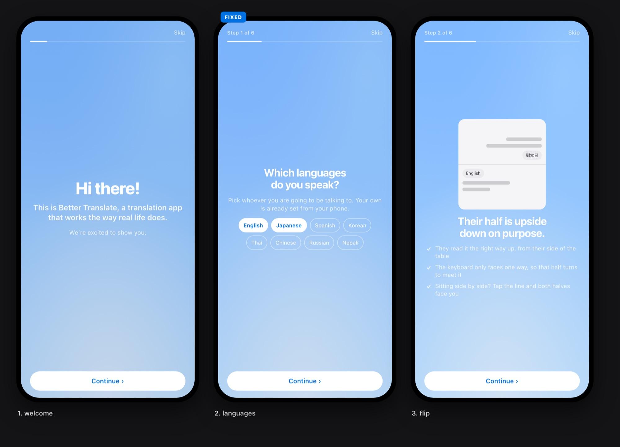 Onboarding review board, steps 1 to 3: welcome, language picker, and why their half is upside down