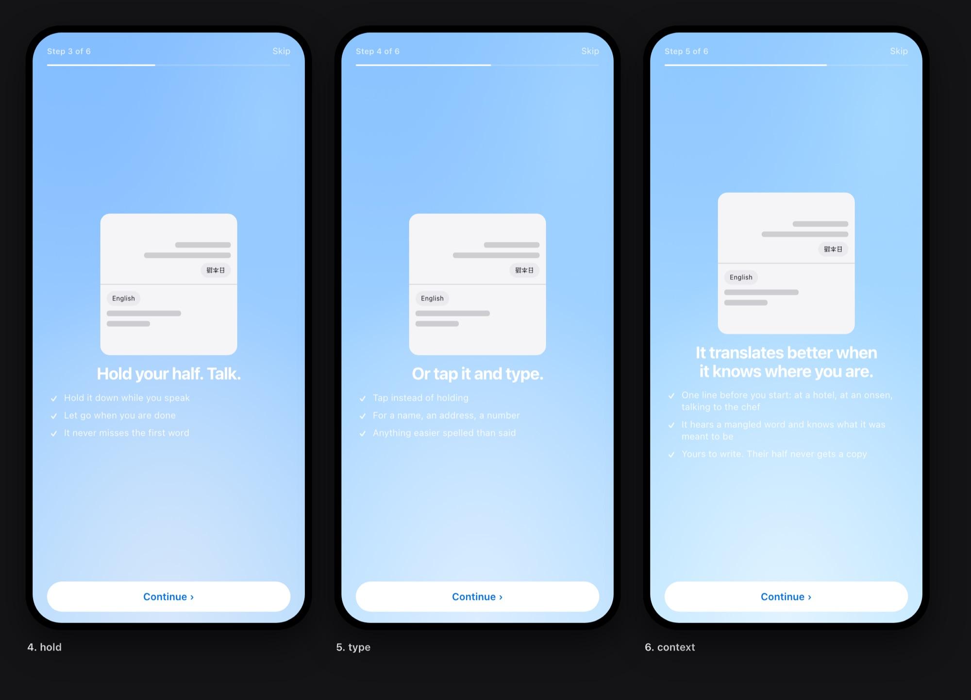 Onboarding review board, steps 4 to 6: hold to talk, tap to type, and context