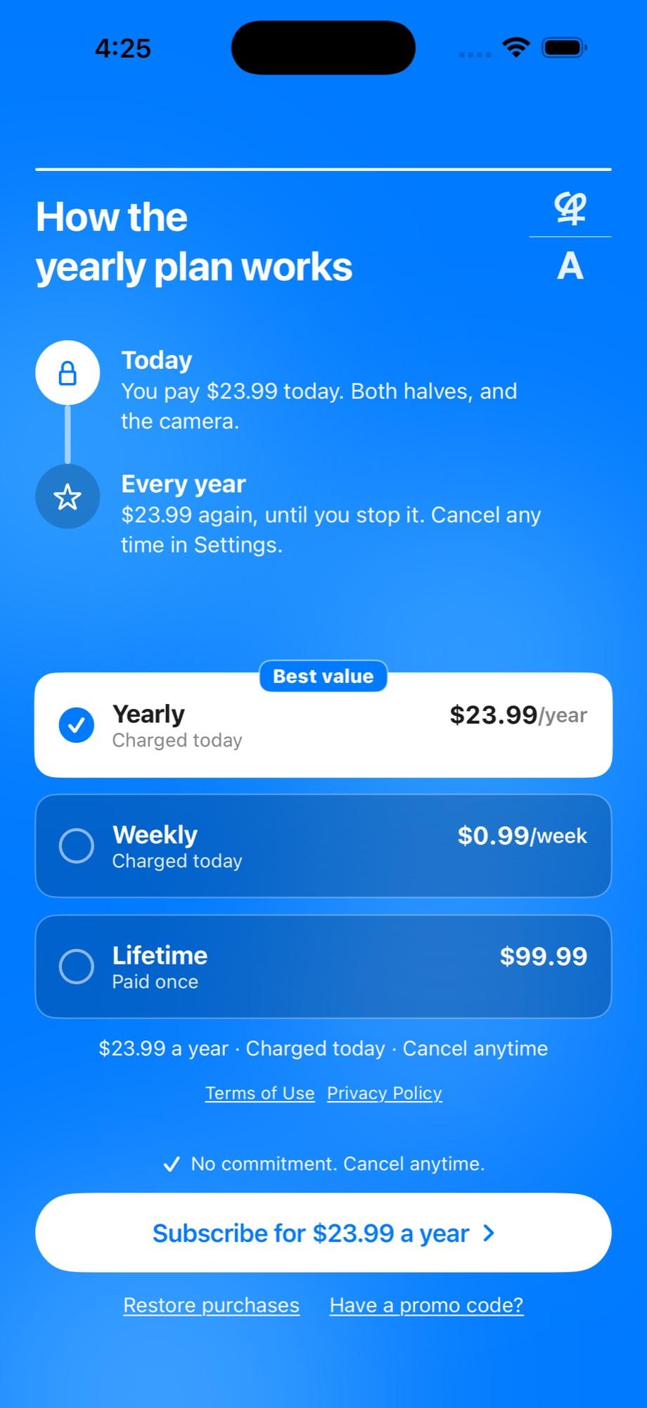Paywall: how the yearly plan works, with yearly, weekly and lifetime options