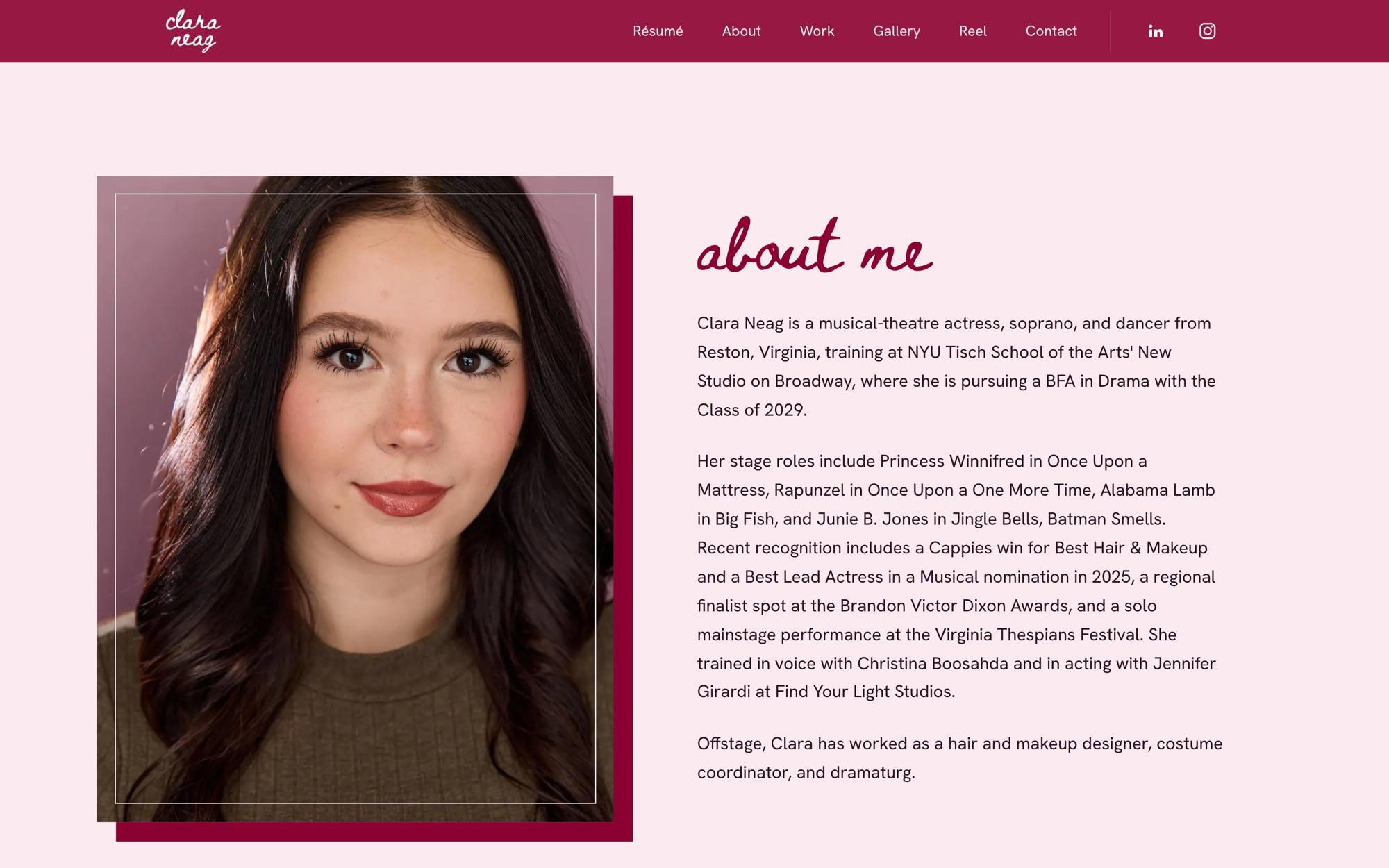 About me: framed portrait with an offset plum block beside the bio