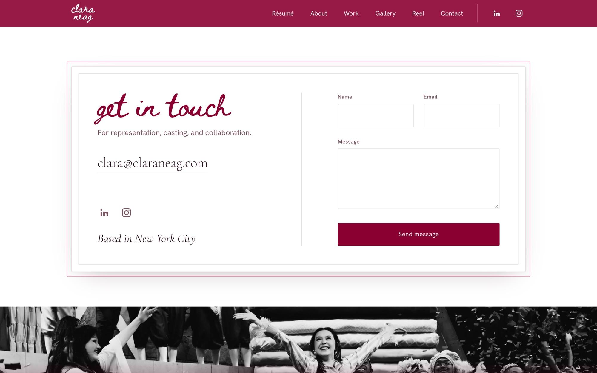 Get in touch: script heading, public email and a three-field form in a double plum frame