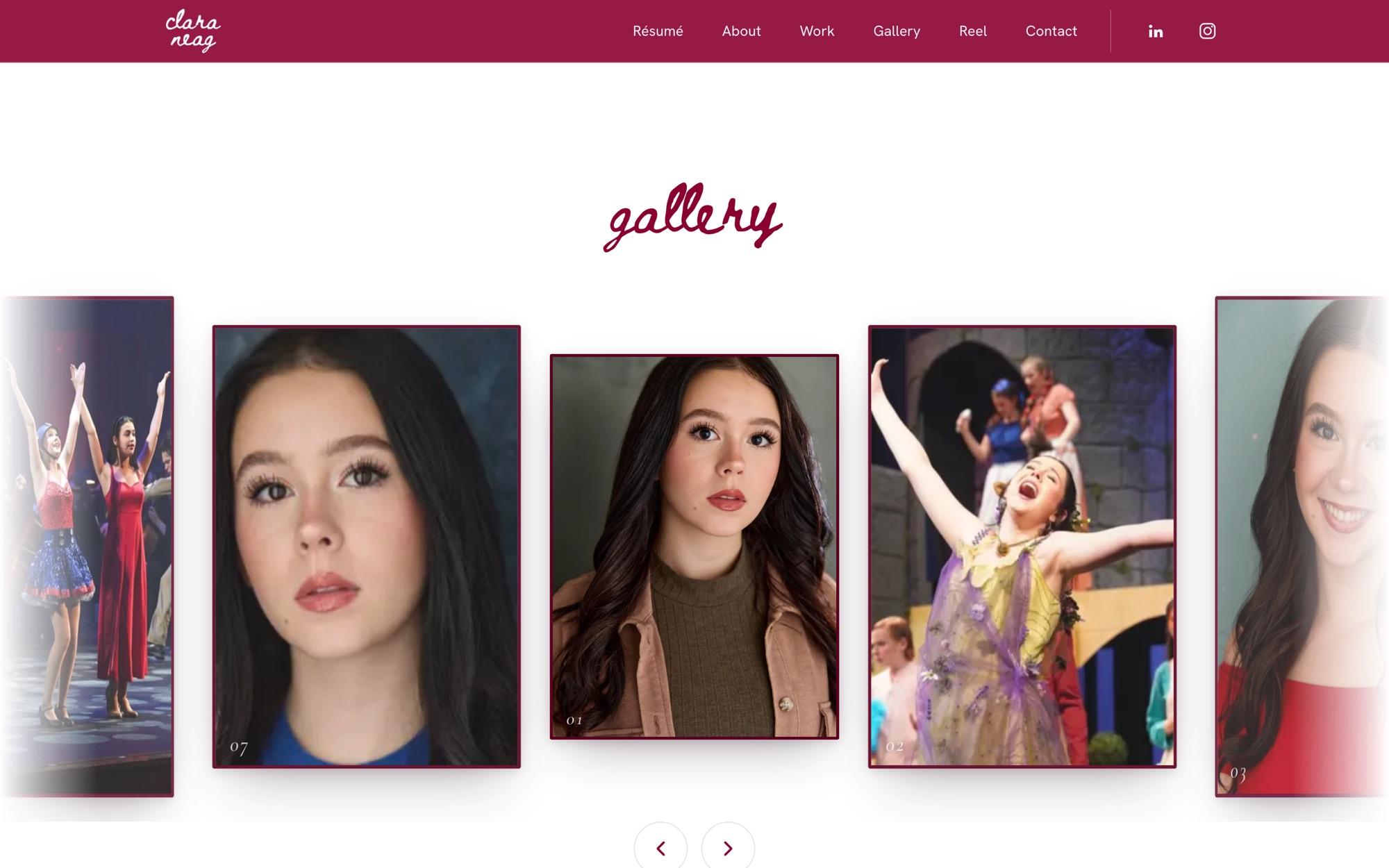Gallery carousel: headshots and stage photos in plum frames, fading at the edges