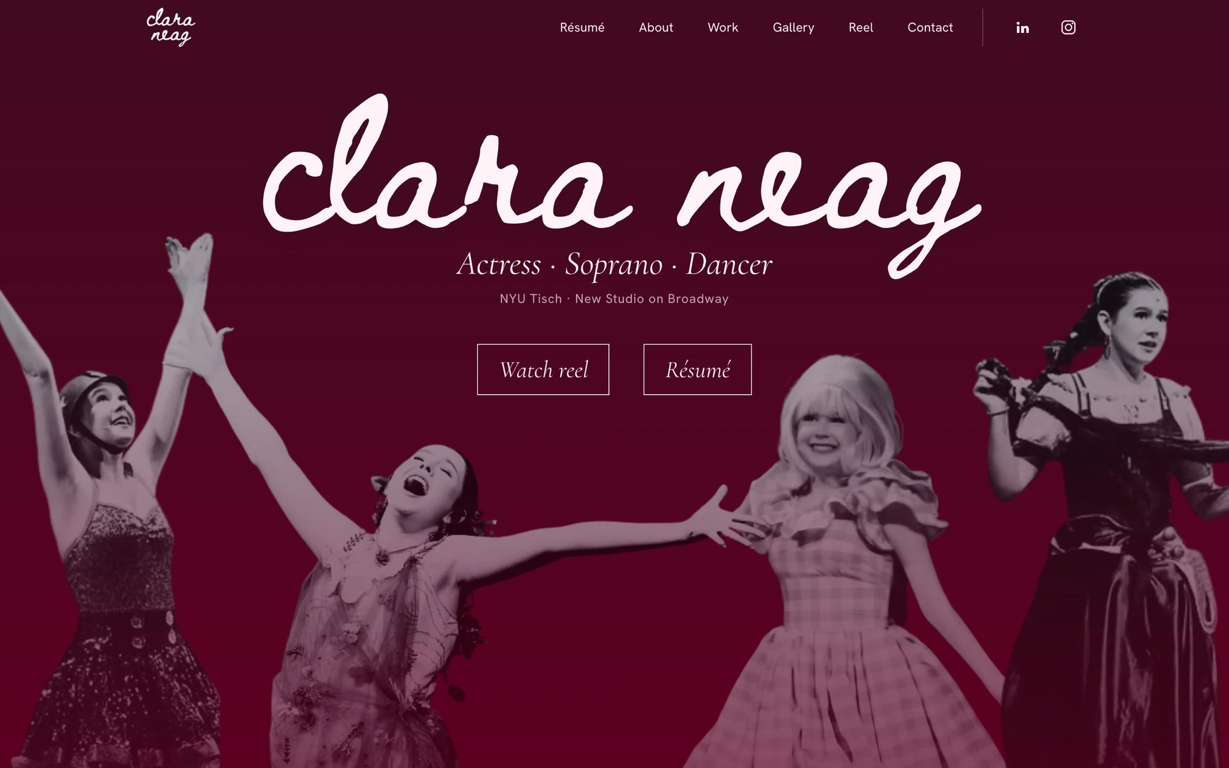 Clara Neag hero: the script wordmark over four stage photos