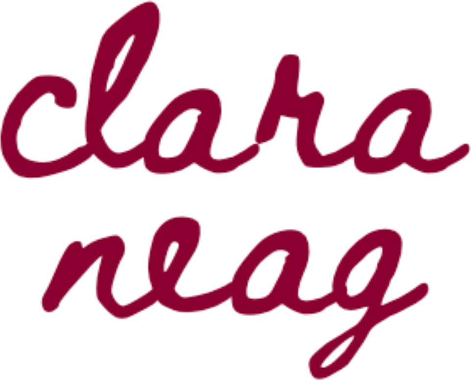 Stacked clara neag logo in plum script, transparent