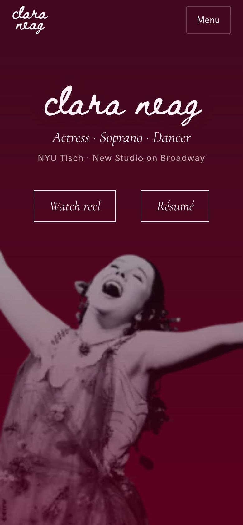 Mobile hero: clara neag script wordmark, Watch reel and Resume buttons over a plum-tinted stage photo