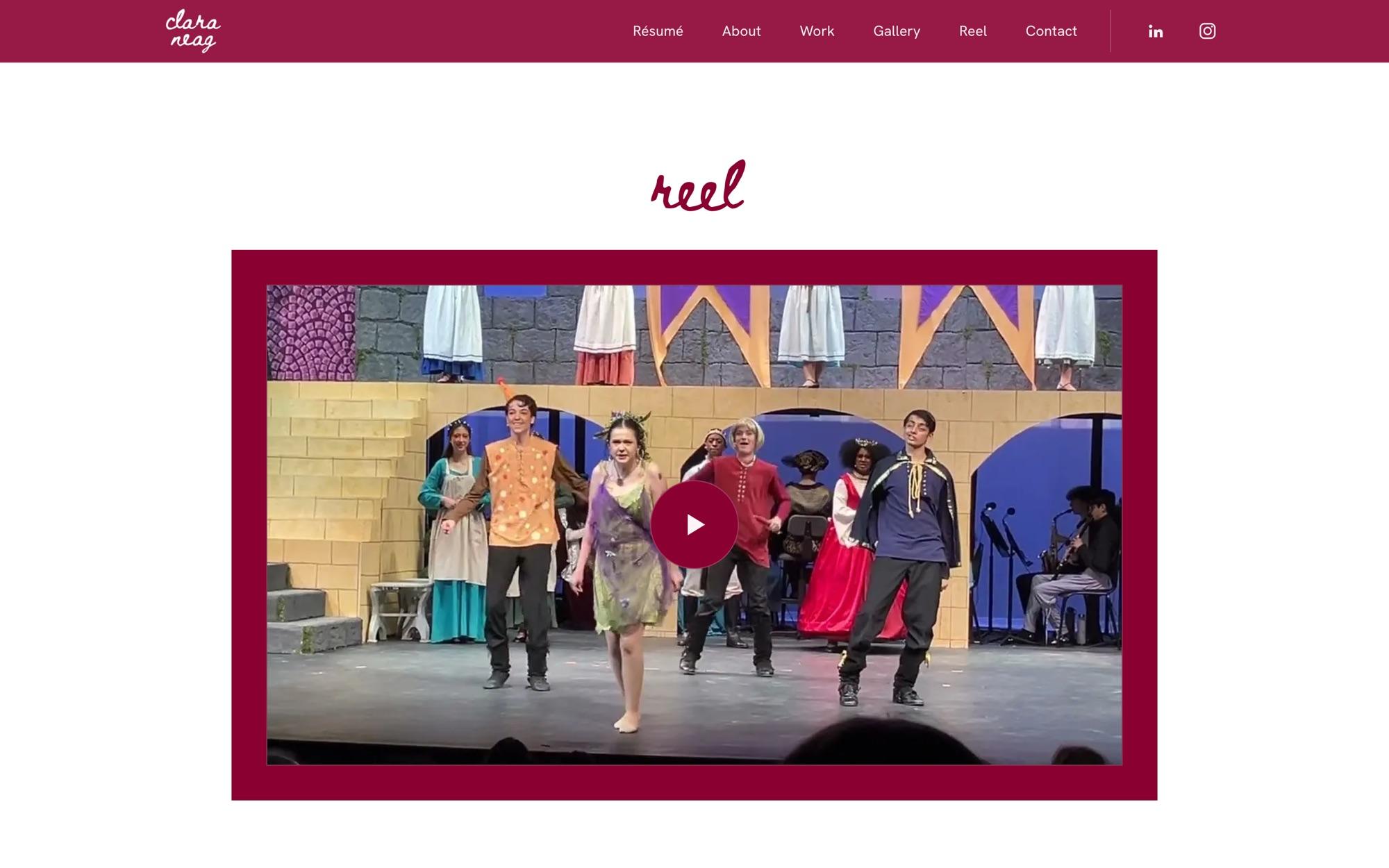 Reel: stage video in a thick plum frame with a round play button