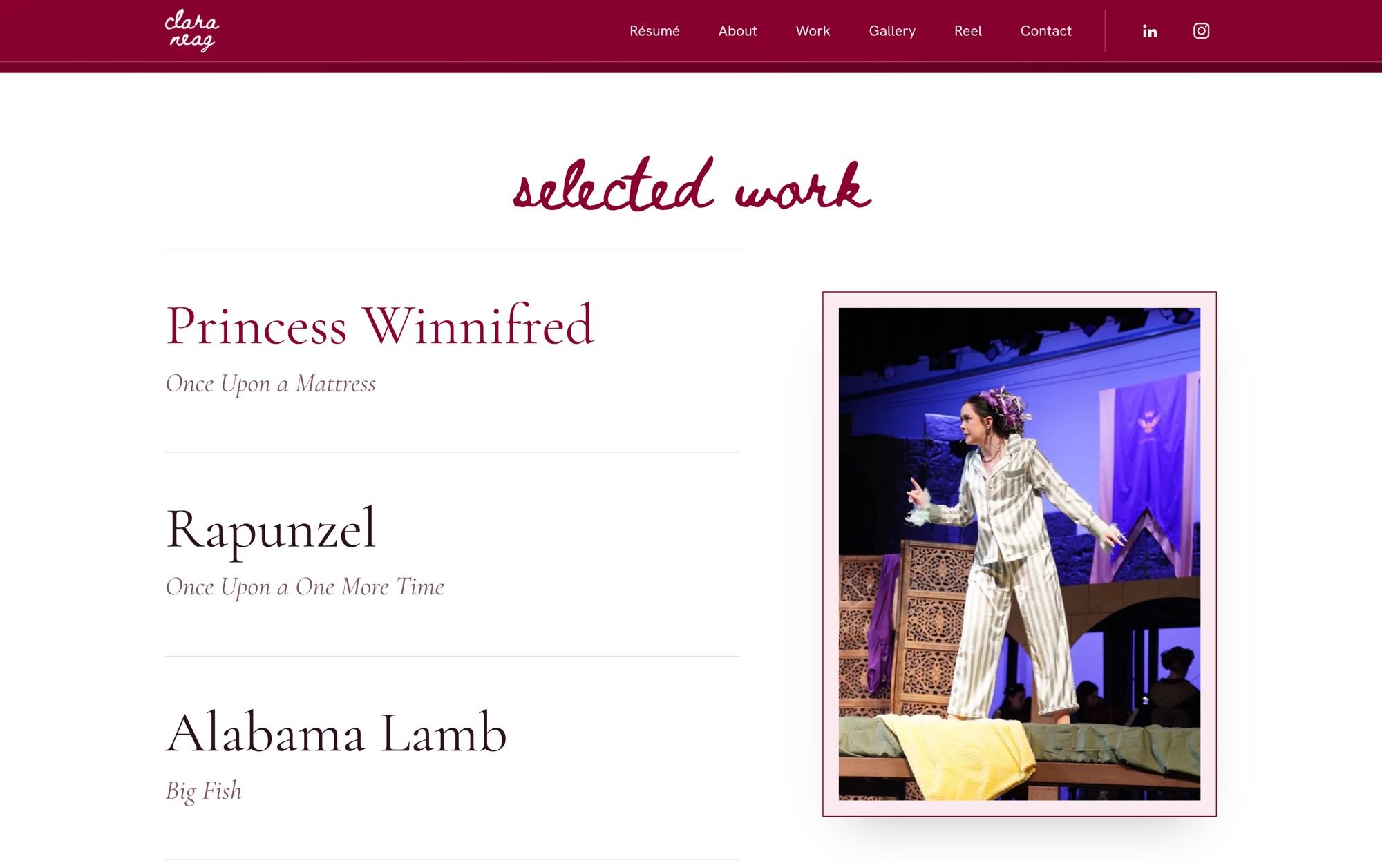 Selected work: role names in a serif list beside a framed stage photo from Once Upon a Mattress