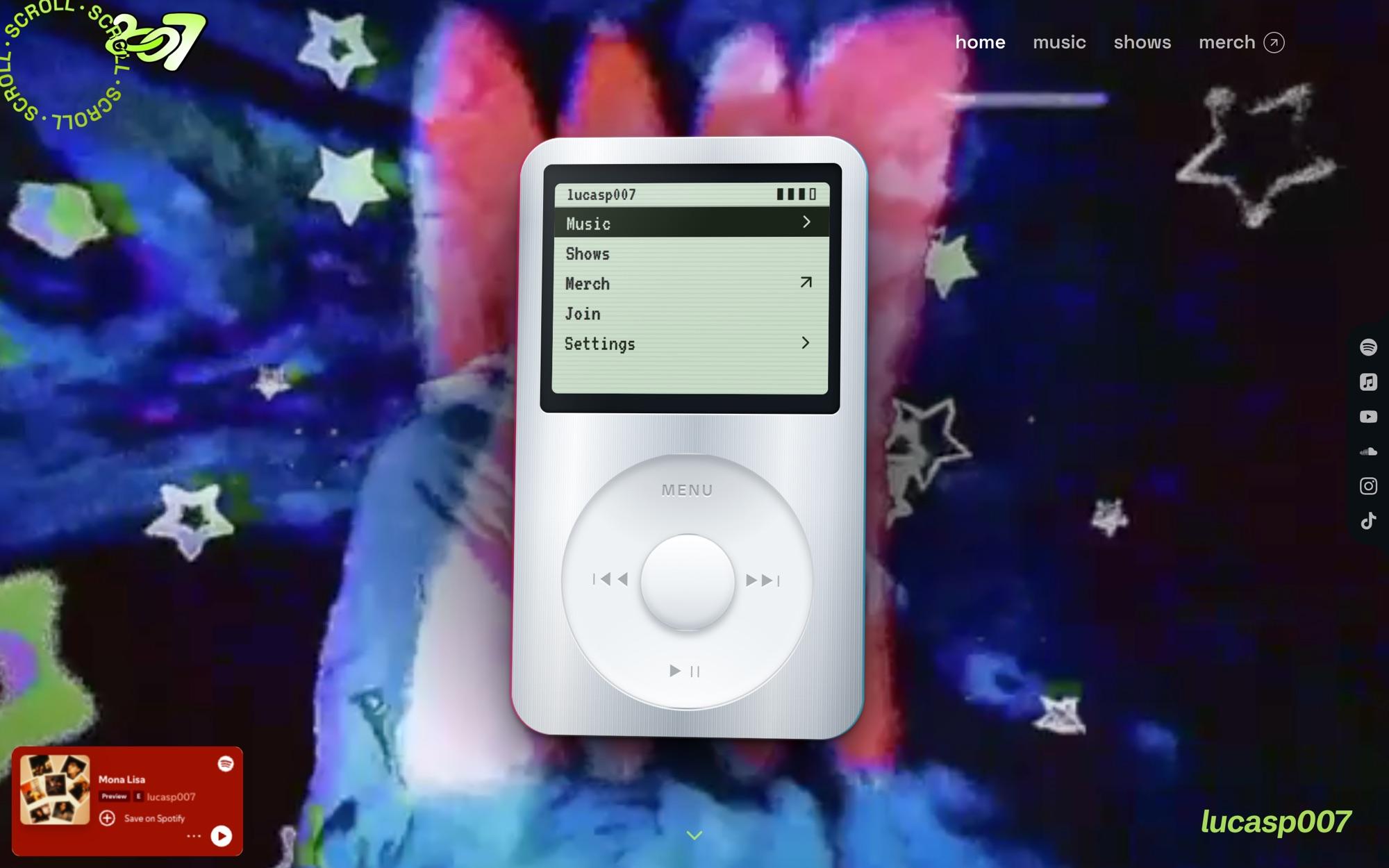 Home: a silver iPod with a lucasp007 menu over glitchy star video, Spotify player bottom left
