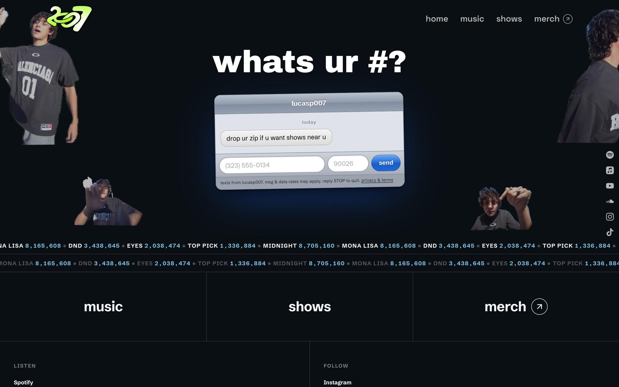 Join page: whats ur # with an iMessage-style signup window and cutouts of the artist around it