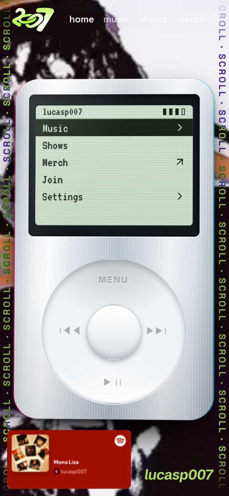 Mobile home: the iPod fills the screen, a scroll ring runs down both edges